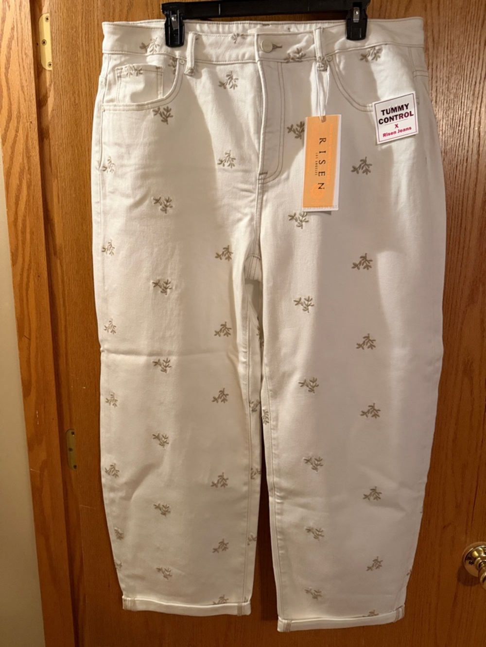 Risen High-Rise Tummy Control Embroidered White cropped Barrel Jeans
